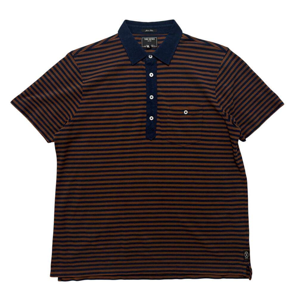 Todd Snyder Cotton Striped Short Sleeve Polo Shirt Men’s L Blue Tan